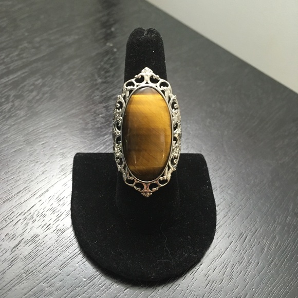 Natural African Tiger's Eye Solitaire Ring in Platinum Over Copper size 8 - Picture 5 of 16